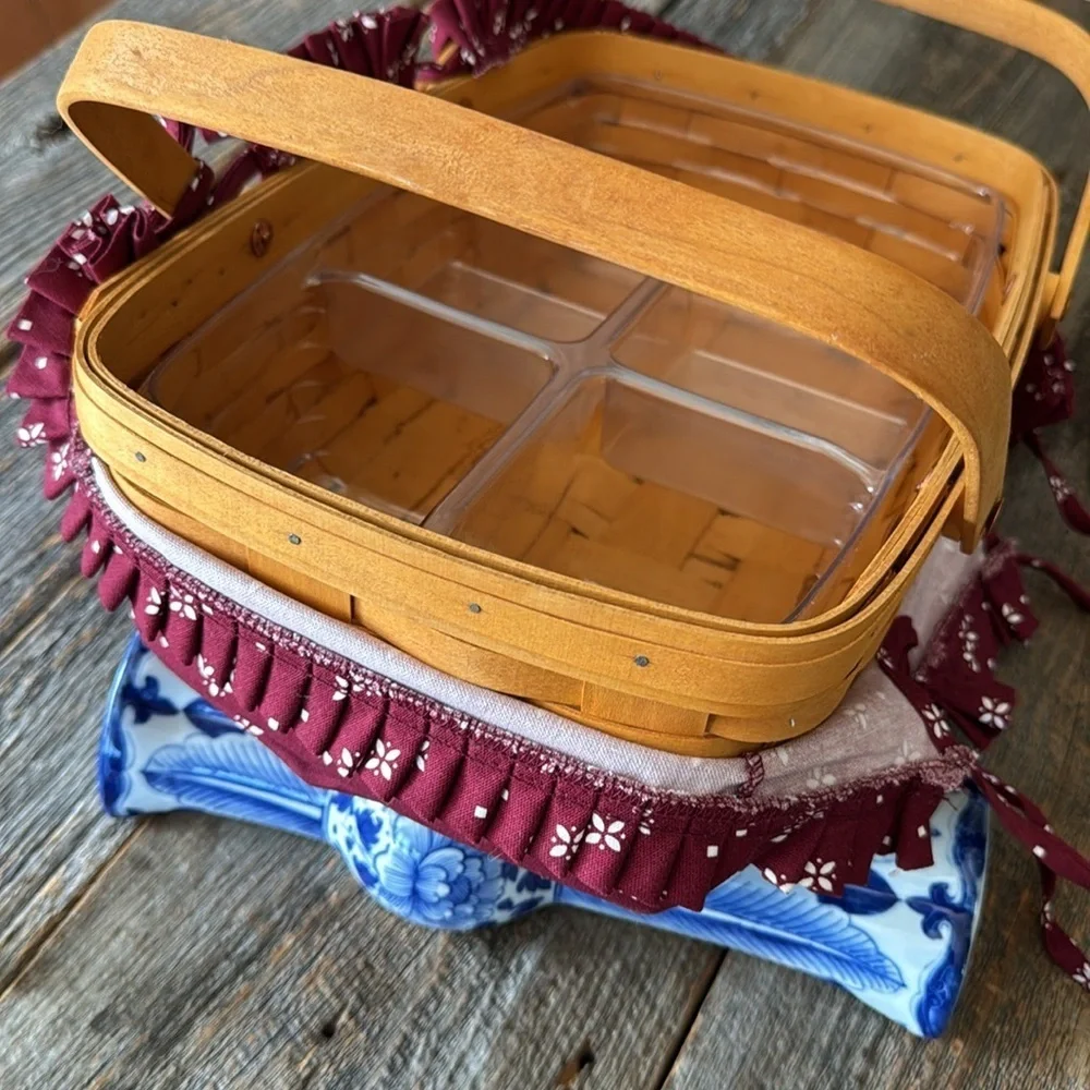 Longaberger Woven Handled Basket with Burgundy Fabric and Insert Liner
